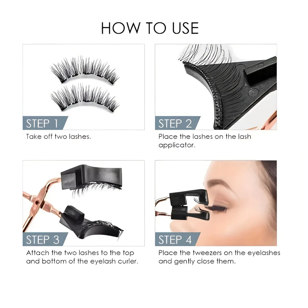 Black 3d magnetic false eyelashes with sleek curved design and fine natural-looking fibers in professional applicator kit