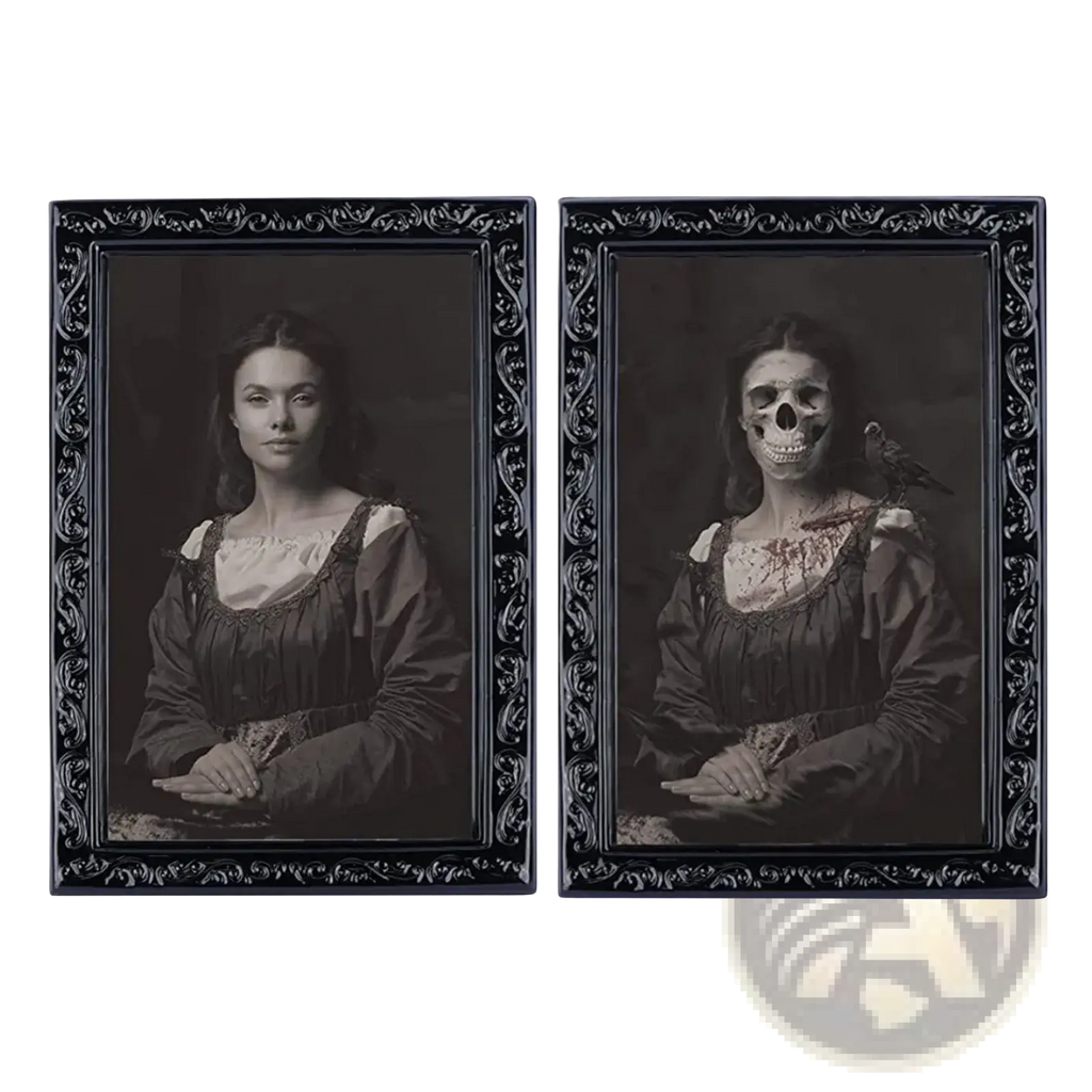 Set of two black ornate picture frames with gothic 3d morphing halloween ghost portrait prints