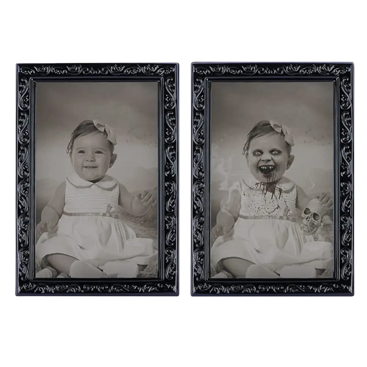 Black ornate picture frames with black-and-white baby photos in a 3d morphing halloween ghost portrait photo frame