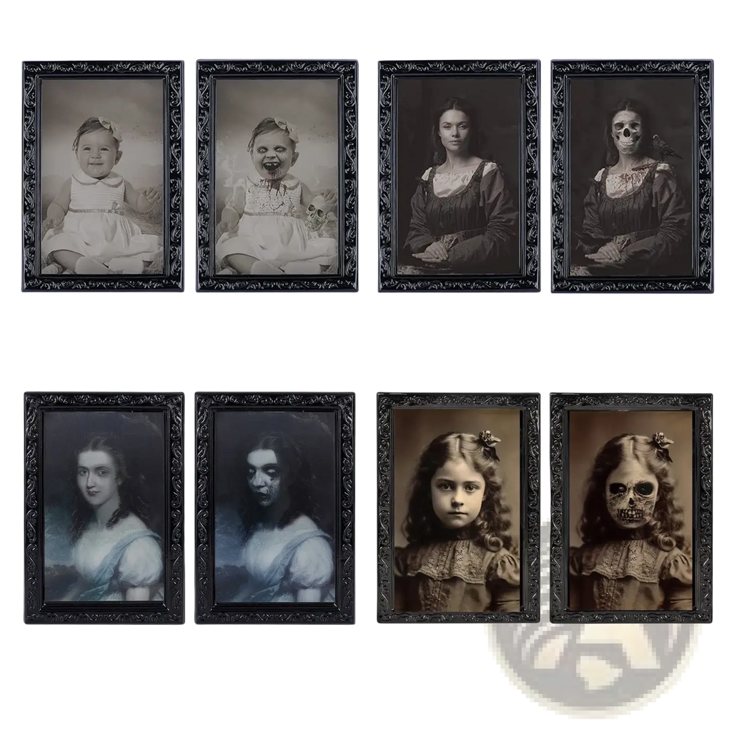 Set of eight black ornate-framed vintage-style 3d morphing halloween ghost portrait prints featuring eerie children