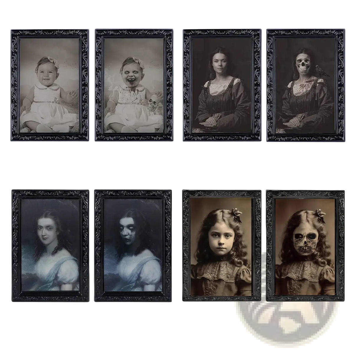 Set of eight black ornate-framed vintage-style 3d morphing halloween ghost portrait prints featuring eerie children