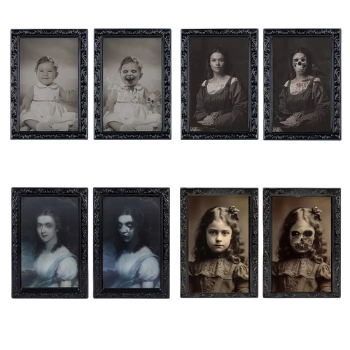 Set of eight black ornate-framed vintage-style 3d morphing halloween ghost portrait prints featuring eerie children