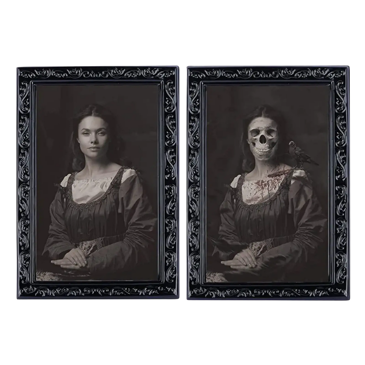 Set of two black ornate picture frames with gothic 3d morphing halloween ghost portrait prints
