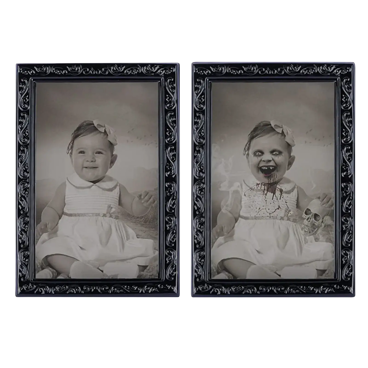 Two black ornate 3d morphing halloween ghost portrait photo frames displaying sepia baby photos in white dresses