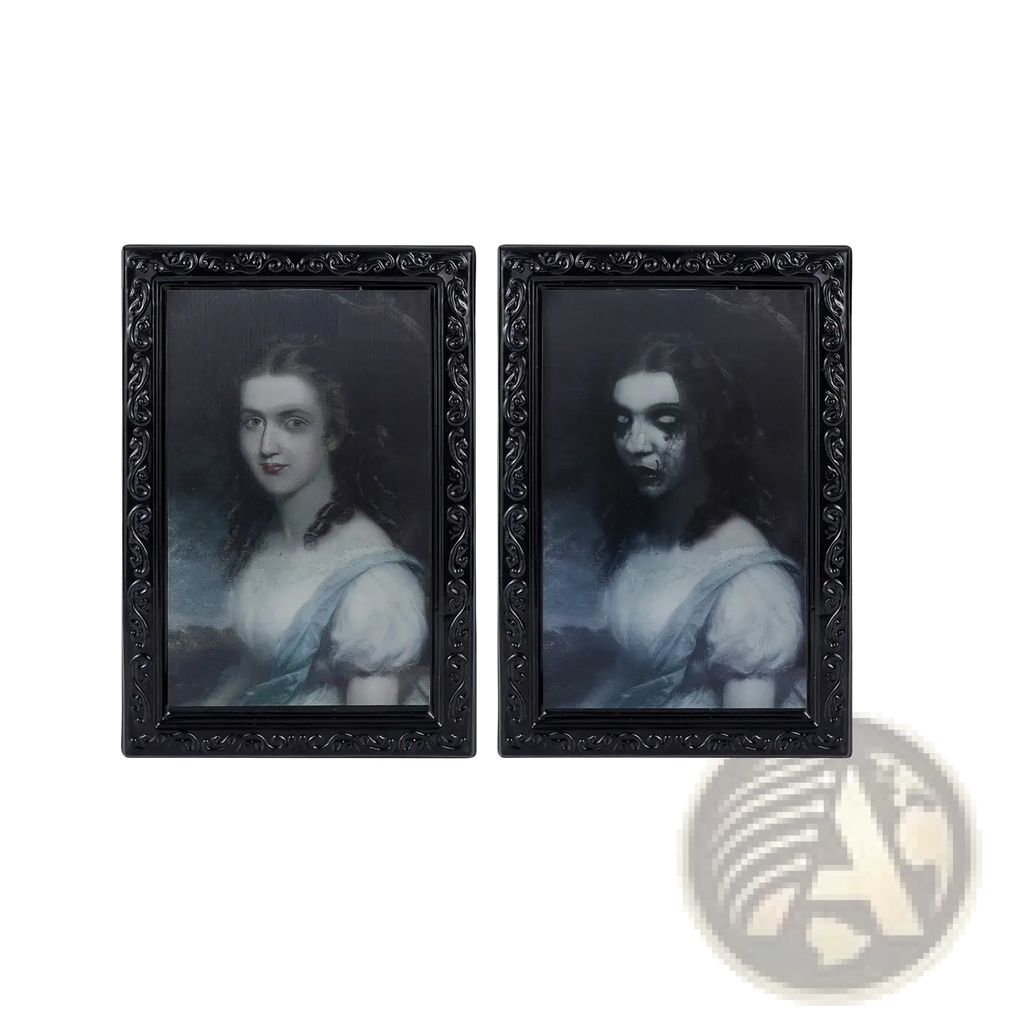 Two black ornate framed 3d morphing halloween ghost portrait prints featuring vintage women with haunting expressions