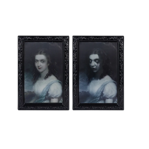 Two black ornate framed 3d morphing halloween ghost portrait prints featuring vintage women with haunting expressions