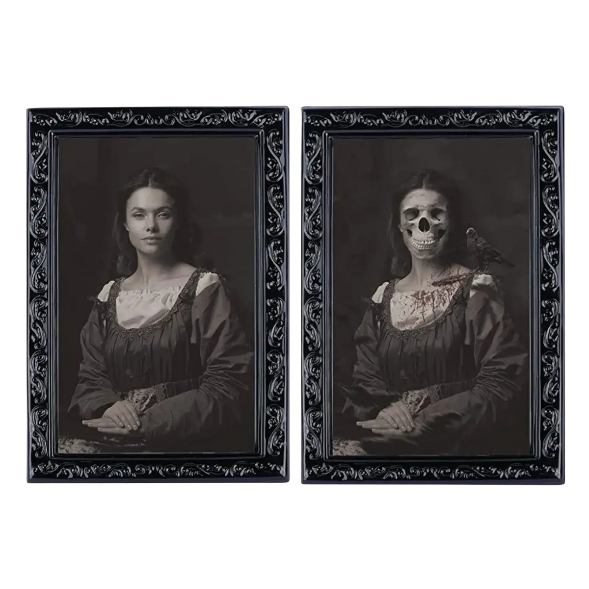 Two ornate black framed 3d morphing halloween ghost portraits featuring a woman morphing into a skull face