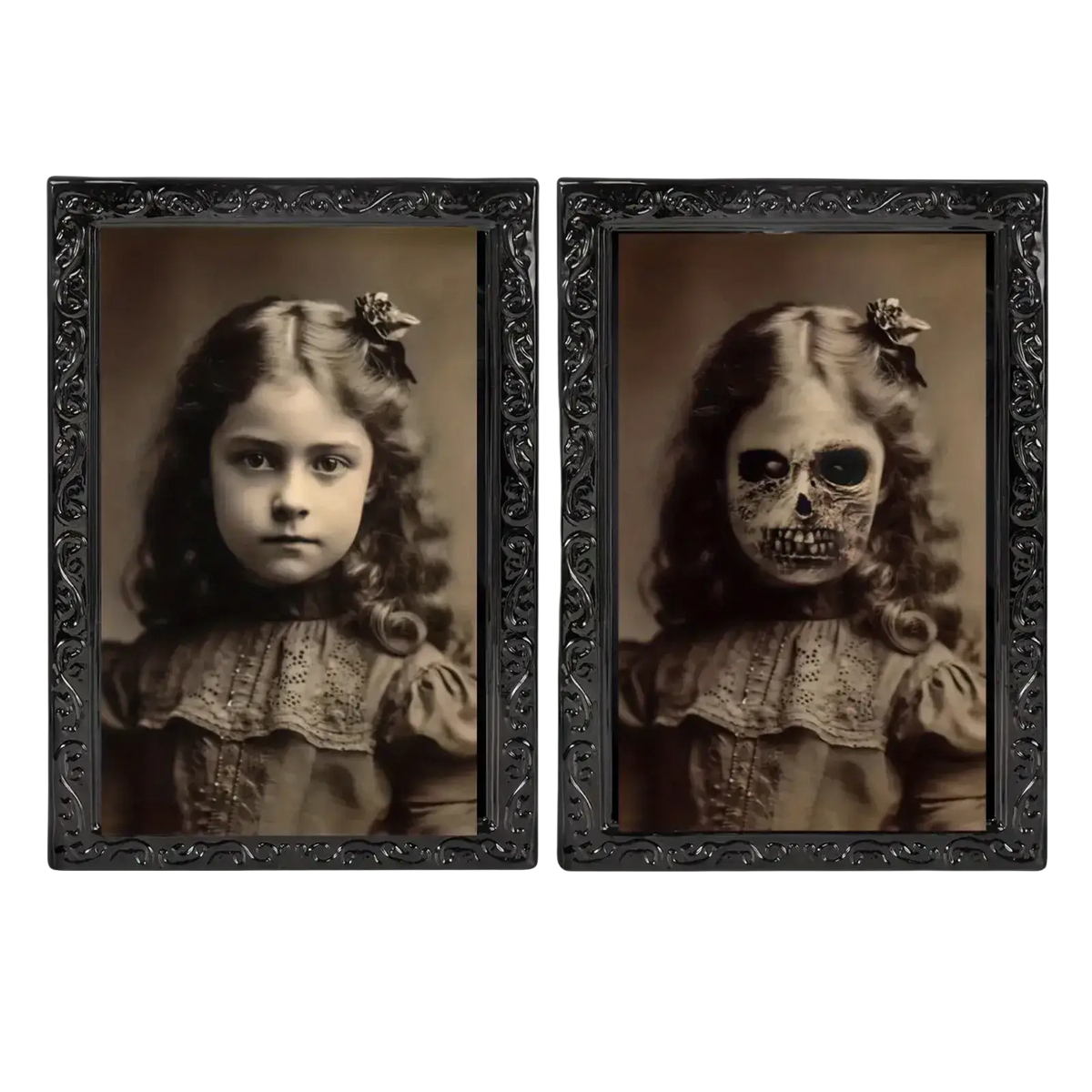 Two ornate black-framed vintage-style 3d morphing halloween ghost portrait prints featuring a girl and skull face