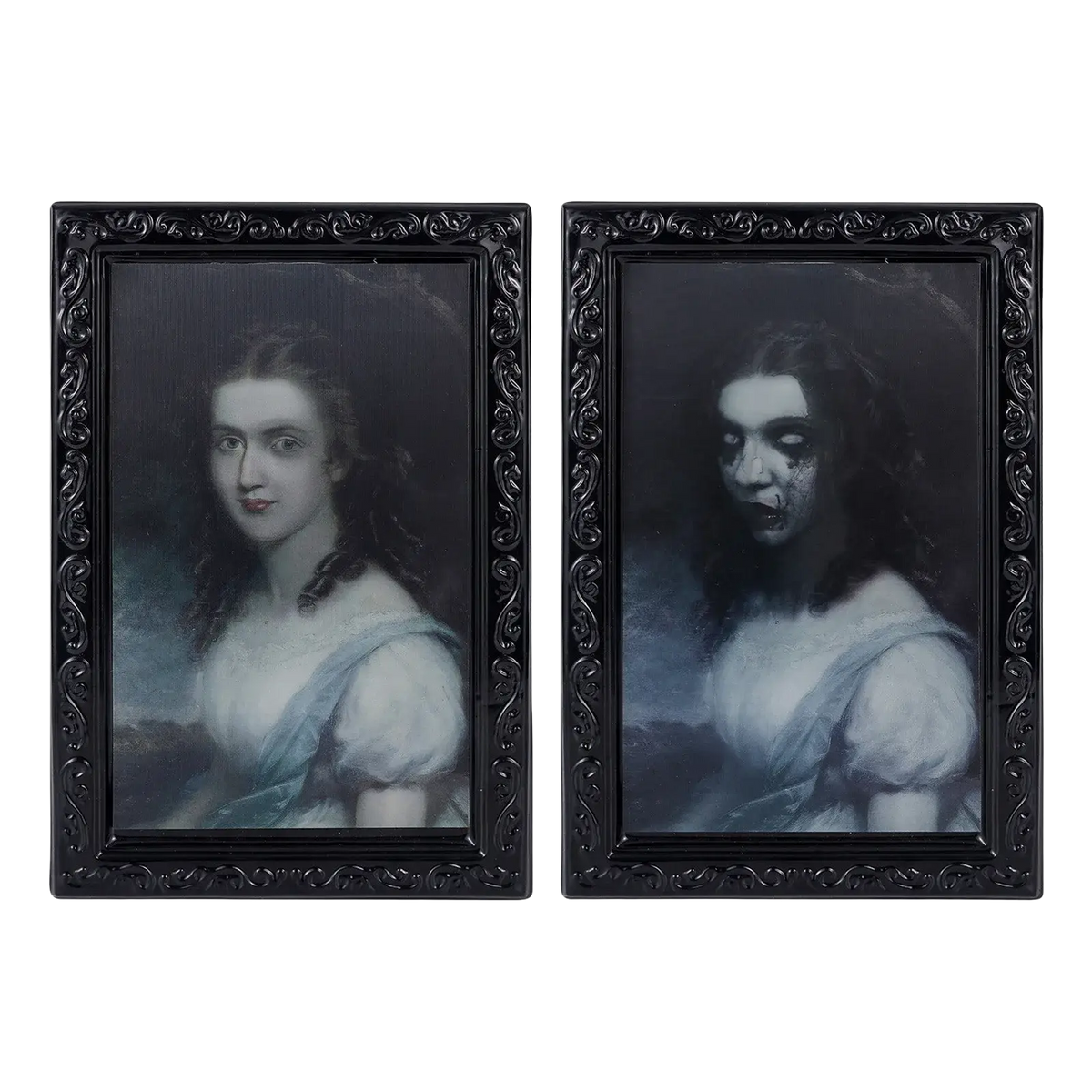 3d morphing halloween ghost portrait photo frame with two ornate black frames showing a woman serene and zombie-like