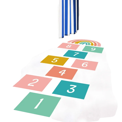 Colorful 3d number hopscotch floor decal with rainbow design featuring numbered squares for children’s play