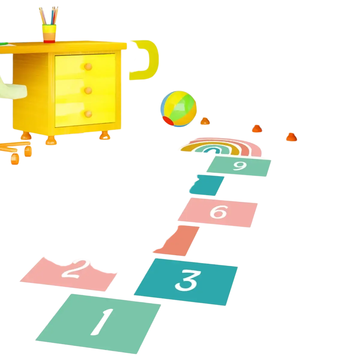 3d number hopscotch floor decal featuring colorful pastel pink teal and orange squares arranged on a white floor