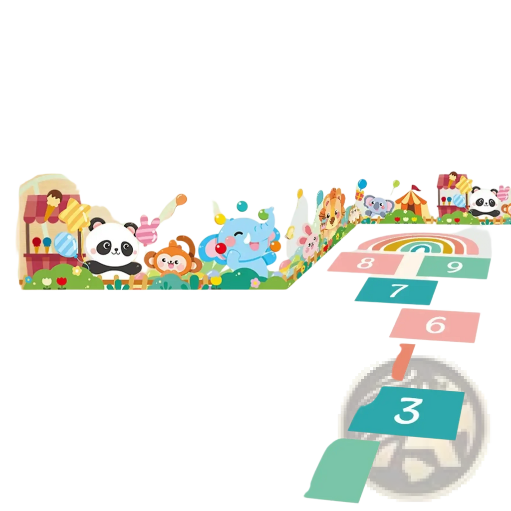Colorful 3d number hopscotch floor decal with rainbow animal-themed cartoon wall stickers for playful room decor