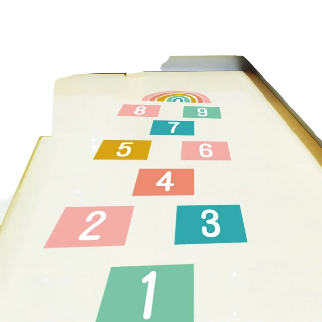 3d number hopscotch floor decal with colorful squares and a rainbow design on a light-colored floor surface
