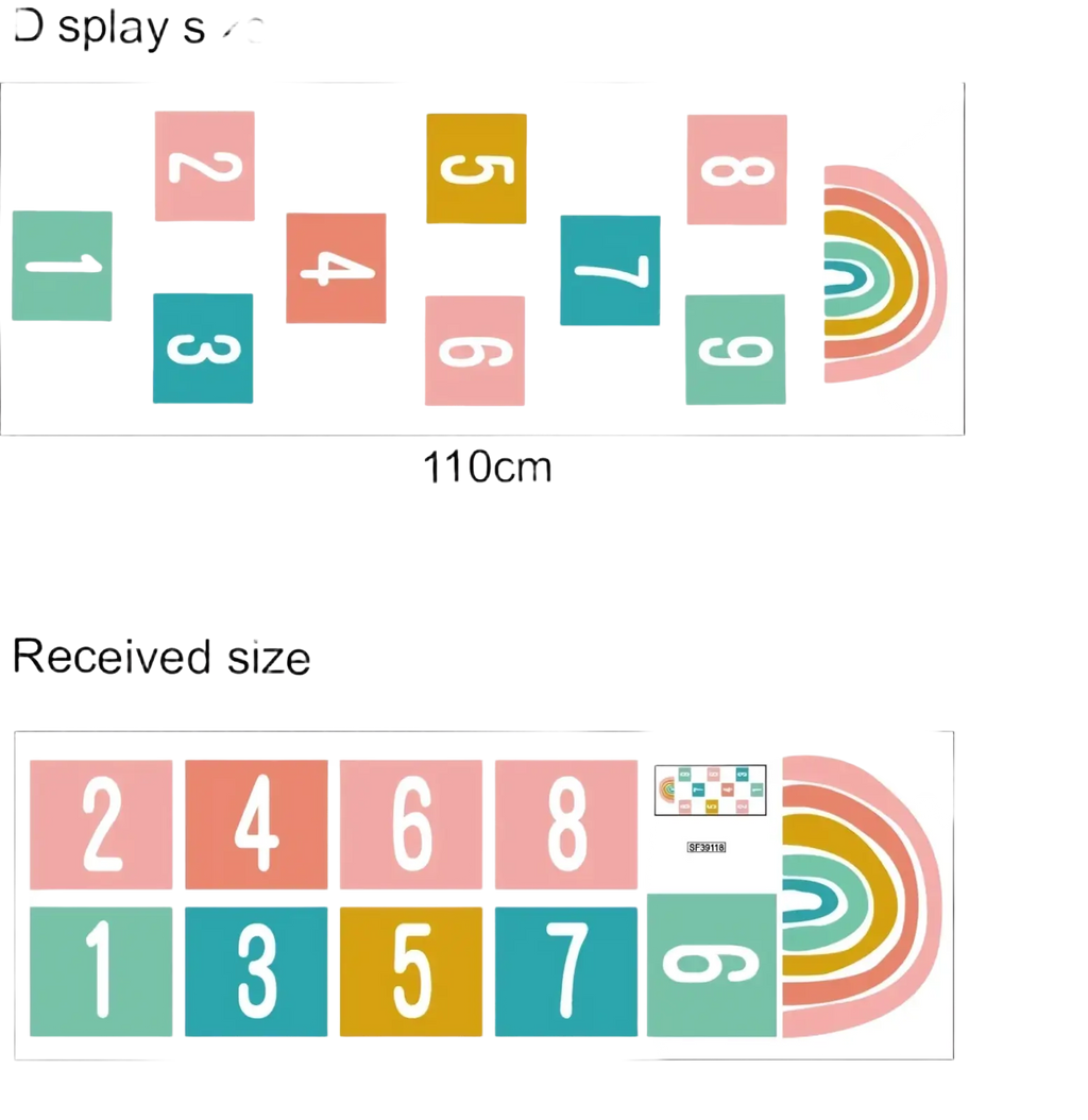 3d number hopscotch floor decal with rainbow-themed colorful pastel squares and a curved rainbow design wall art