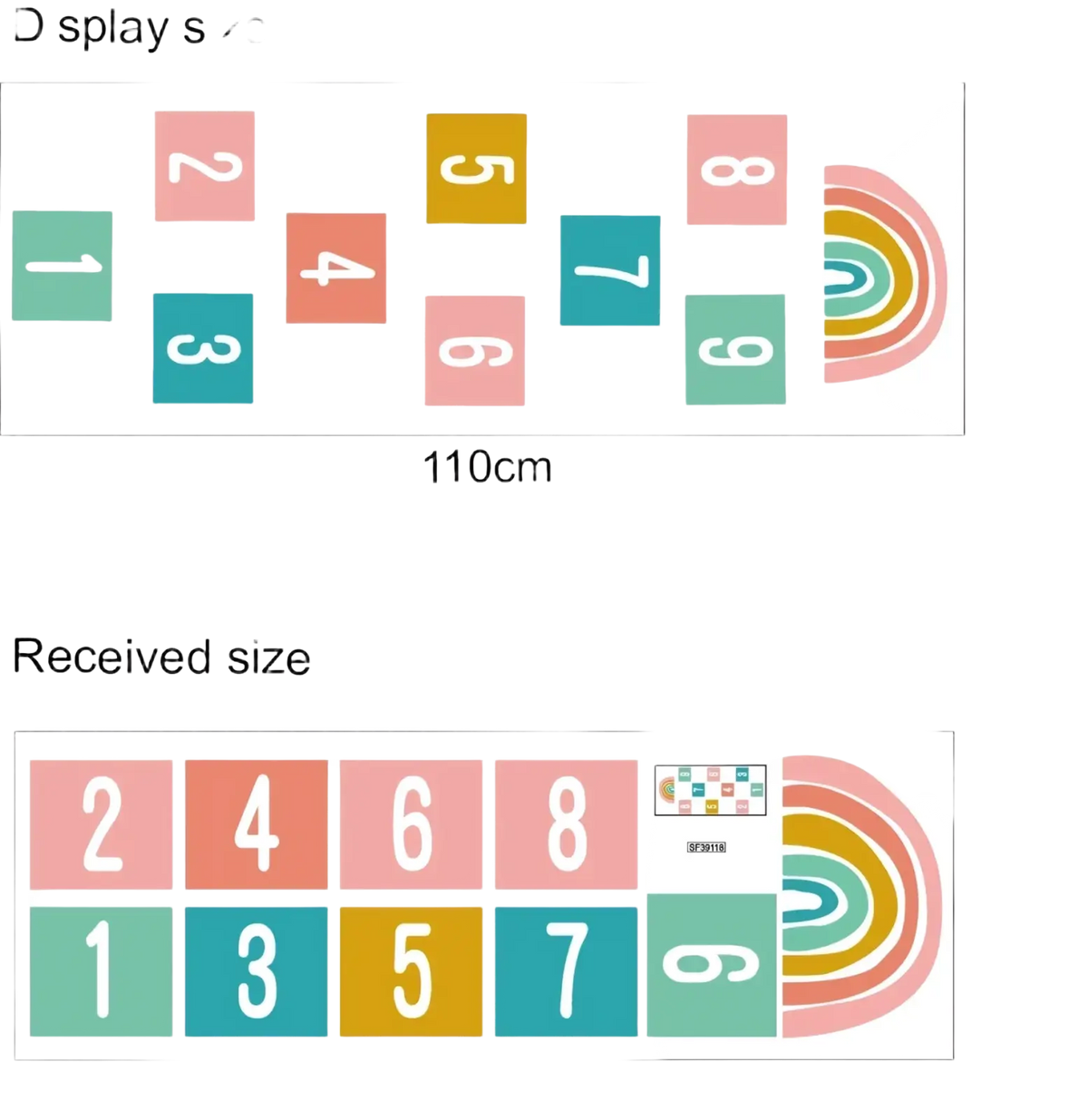 3d number hopscotch floor decal with rainbow-themed colorful pastel squares and a curved rainbow design wall art