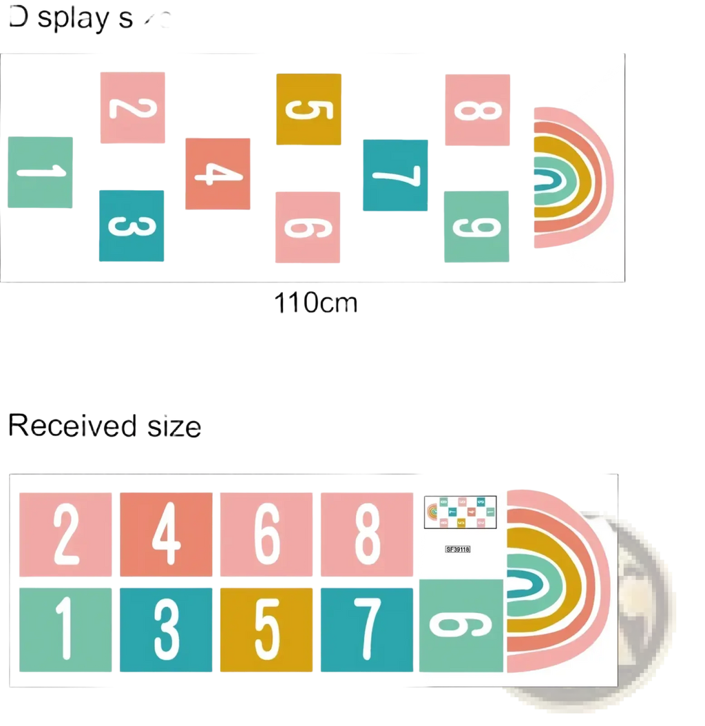3d number hopscotch floor decal with rainbow-themed colorful pastel squares and a curved rainbow design wall art