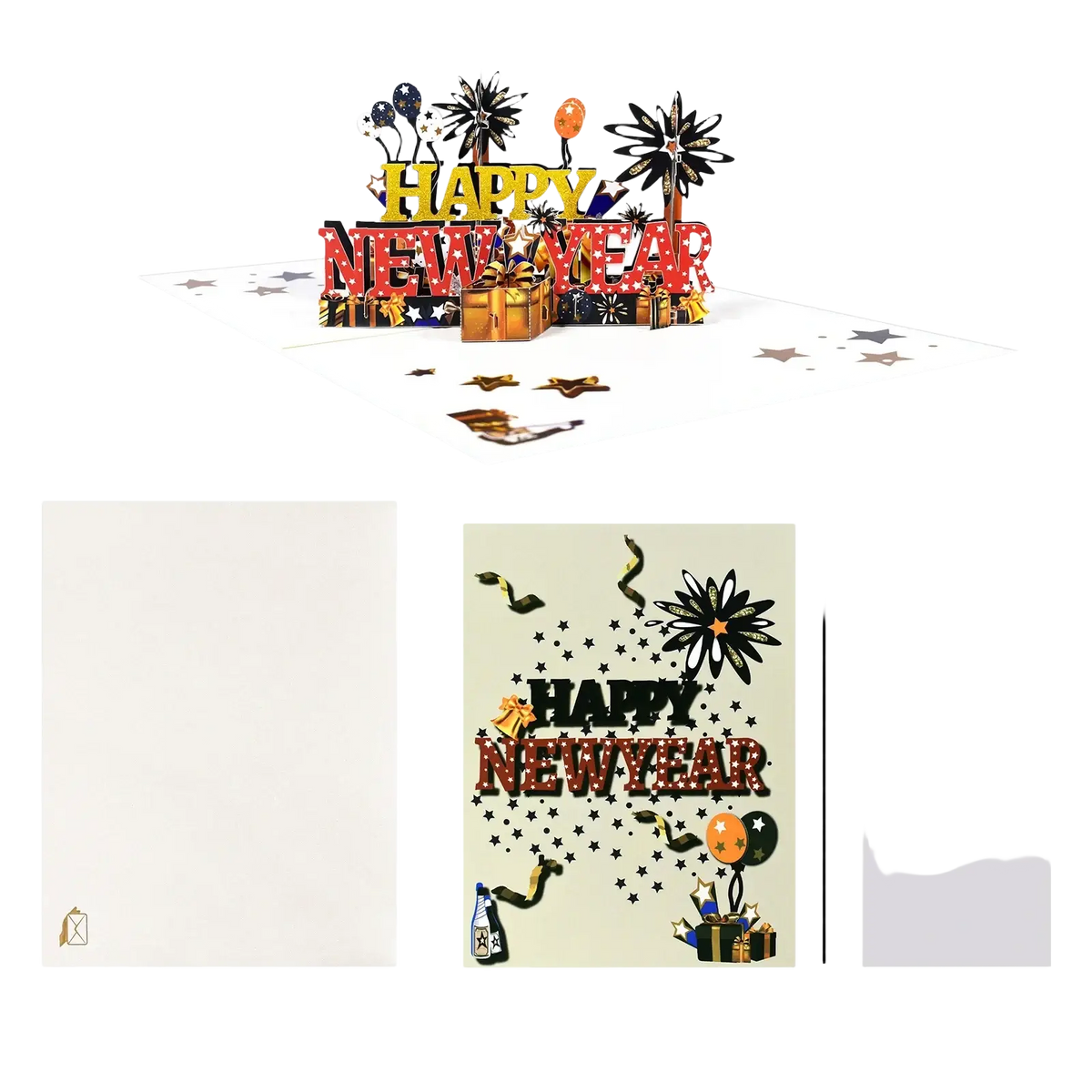 3d pop up happy new year card with glittering gold and red lettering black fireworks balloons gift boxes and stars