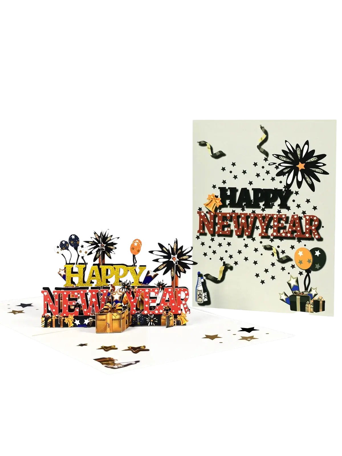 3d pop up happy new year card with gold red and black glittery lettering and festive fireworks balloons stars gift boxes design