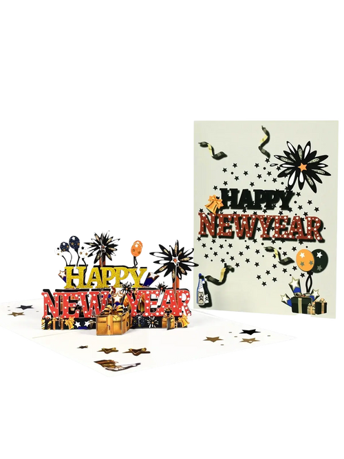 3d pop up happy new year card with gold red and black glittery lettering and festive fireworks balloons stars gift boxes design