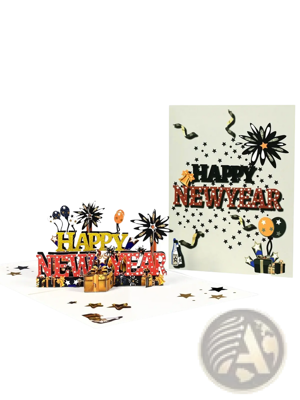 3d pop up happy new year card with gold red and black glittery lettering and festive fireworks balloons stars gift boxes design