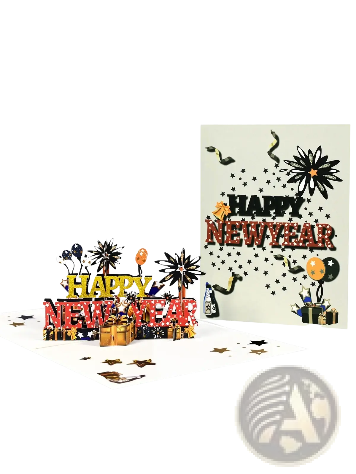3d pop up happy new year card with gold red and black glittery lettering and festive fireworks balloons stars gift boxes design