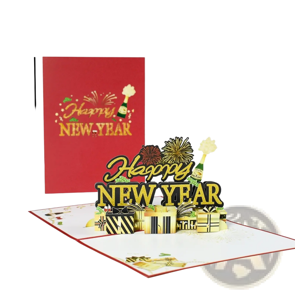 A festive red and gold 3d pop up happy new year card with intricate paper cutouts of champagne bottles fireworks and gifts