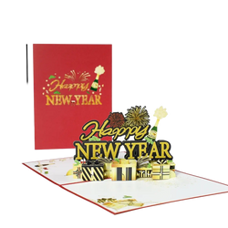 A festive red and gold 3d pop up happy new year card with intricate paper cutouts of champagne bottles fireworks and gifts