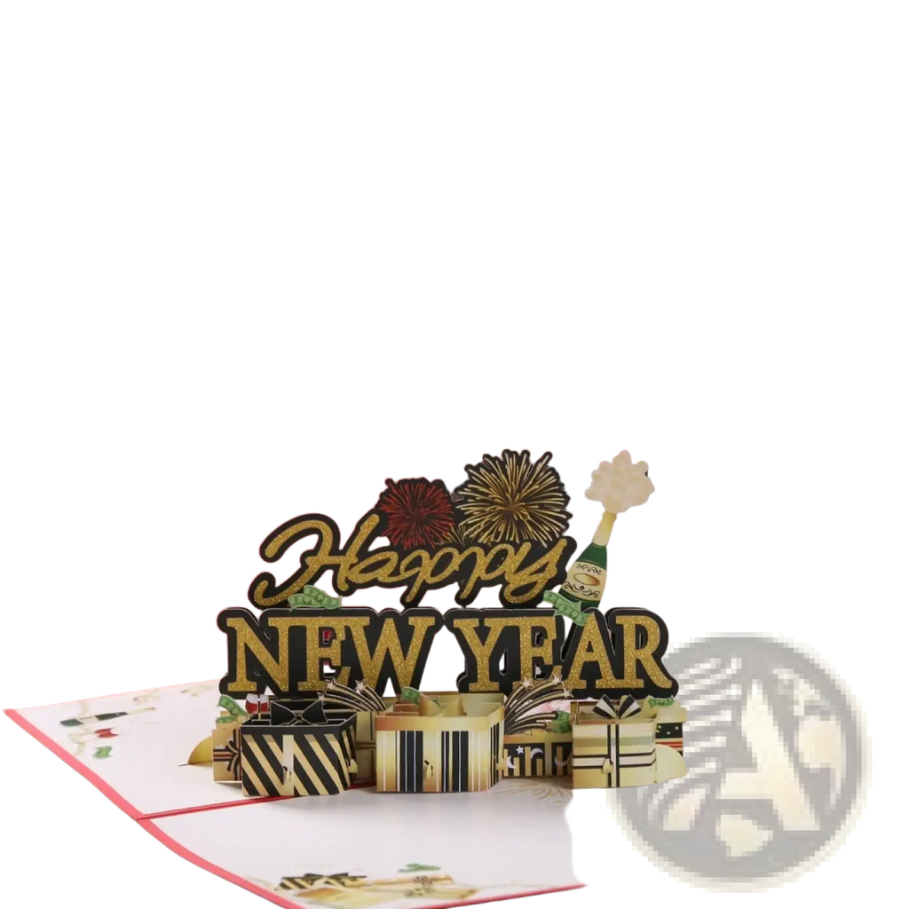 A festive red and gold 3d pop up happy new year card featuring champagne bottles fireworks and gift boxes