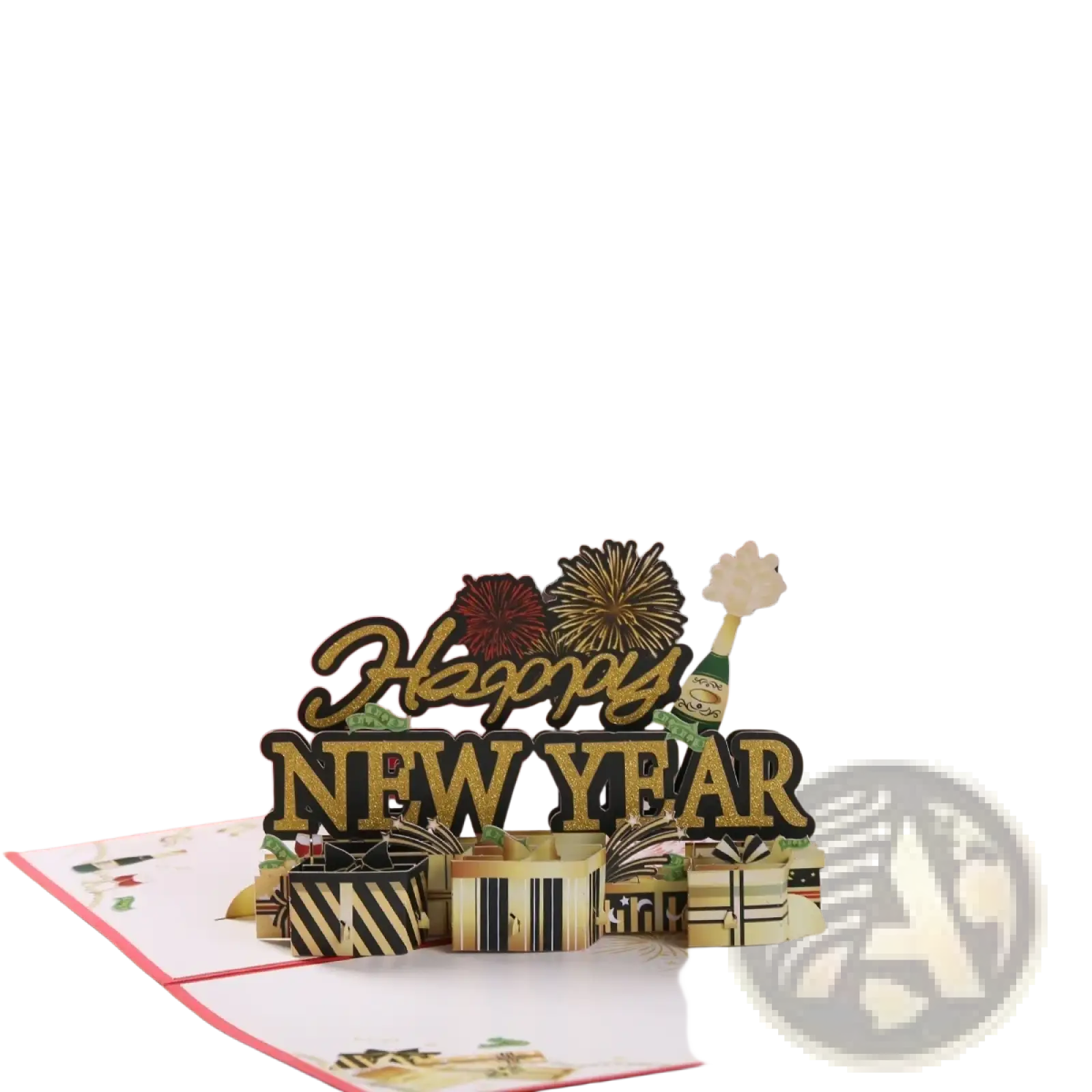A festive red and gold 3d pop up happy new year card featuring champagne bottles fireworks and gift boxes