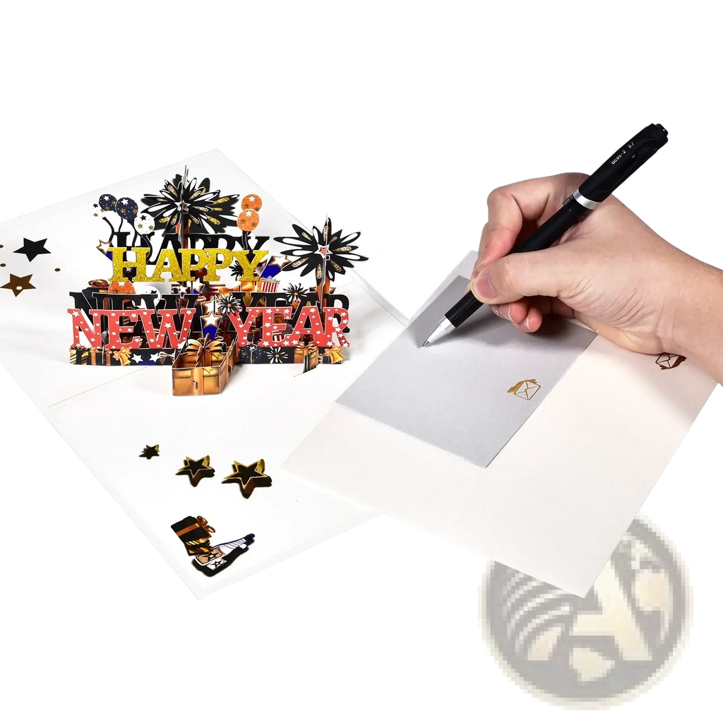 3d pop up happy new year card with glittery gold and red lettering featuring festive fireworks and gift boxes design