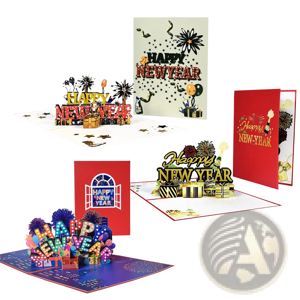 Vibrant multi-colored 3d pop up happy new year card featuring festive fireworks and gift box designs