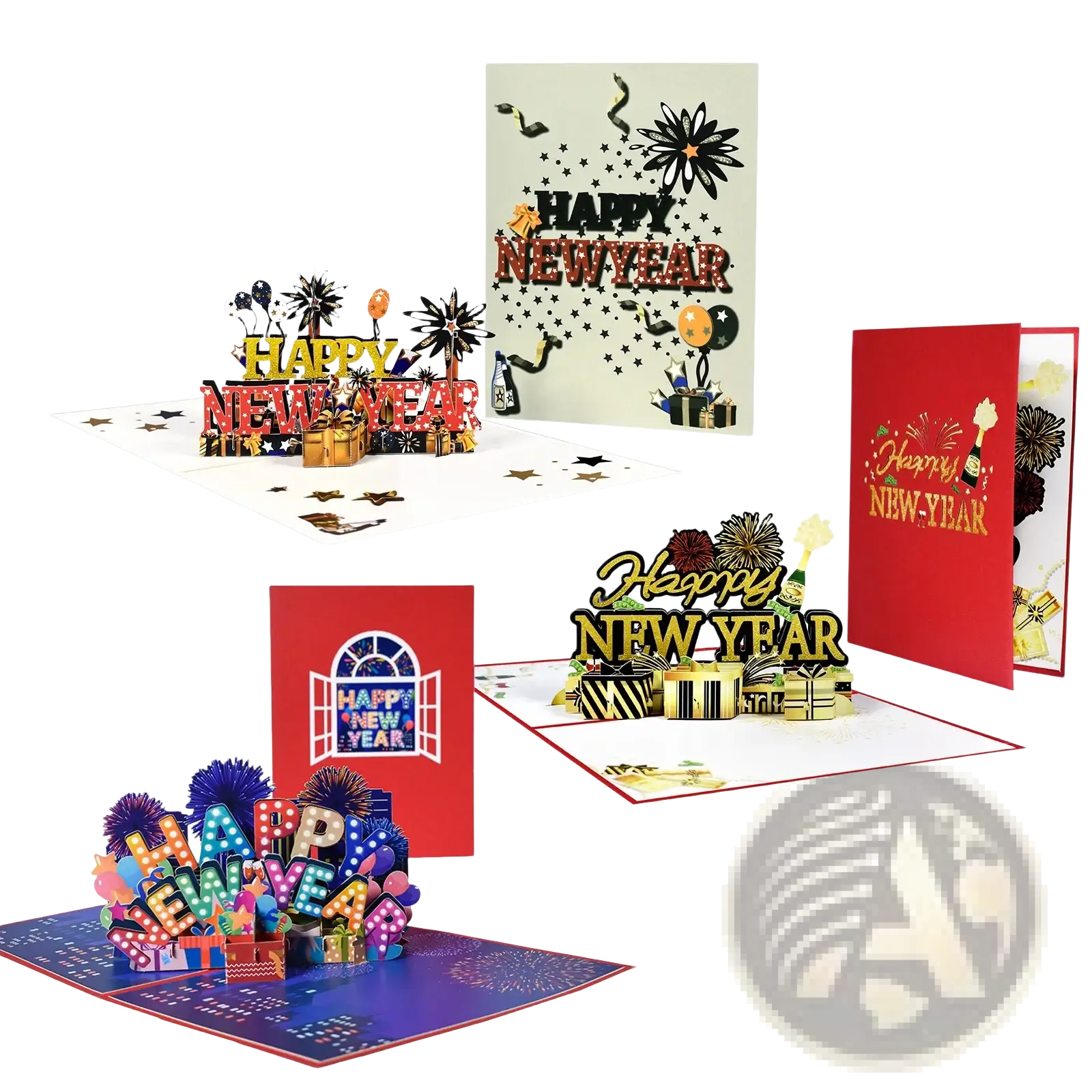 Vibrant multi-colored 3d pop up happy new year card featuring festive fireworks and gift box designs