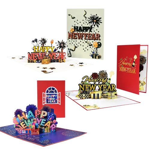 Vibrant multi-colored 3d pop up happy new year card featuring festive fireworks and gift box designs