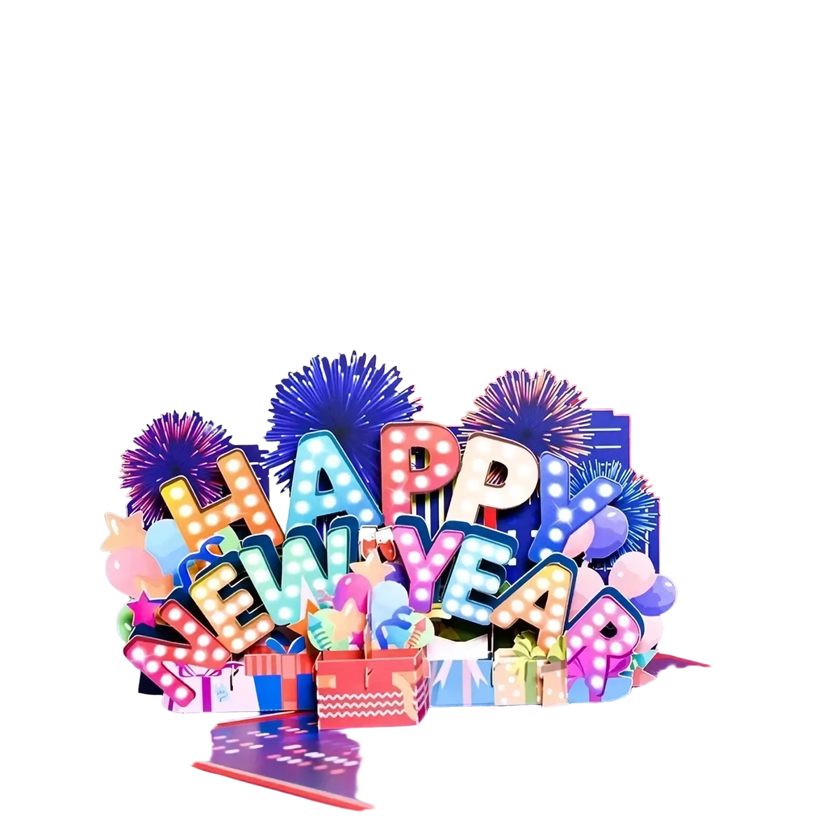 Vibrant three-dimensional 3d pop up happy new year card with illuminated lettering and festive fireworks design