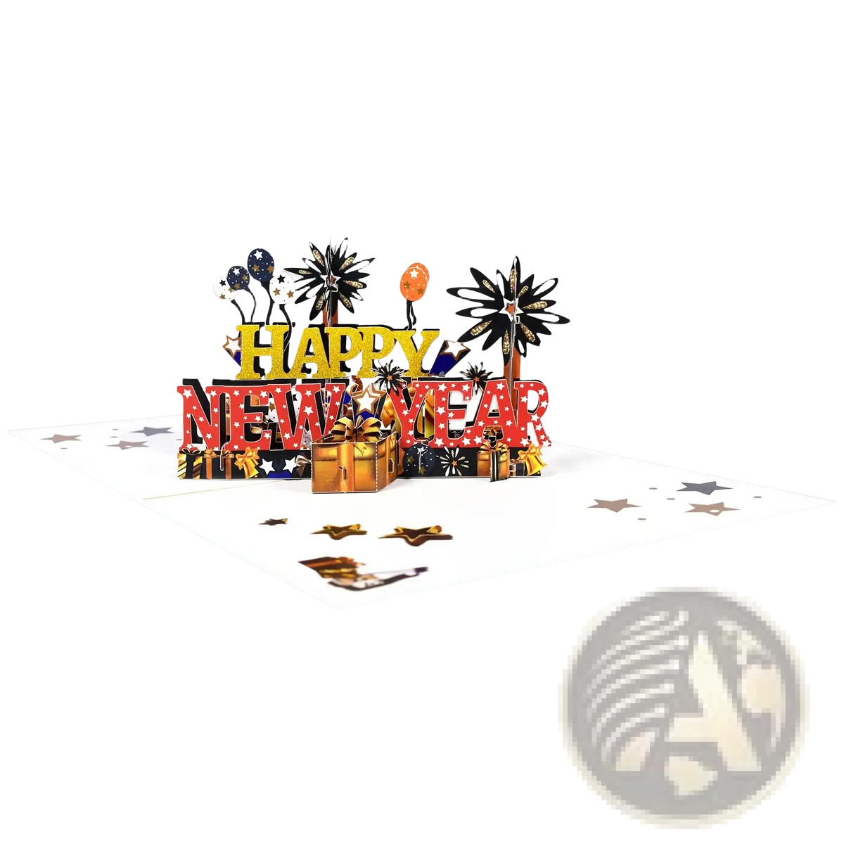 A vibrant 3d pop up happy new year card with bold red and gold lettering and metallic fireworks balloons and gifts