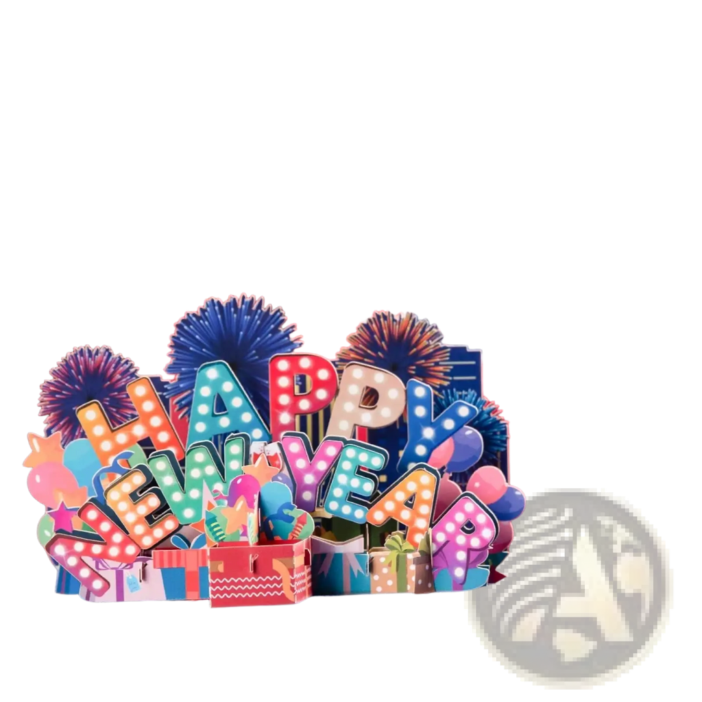 Vibrant three-dimensional 3d pop up happy new year card with colorful lettering and festive decorations