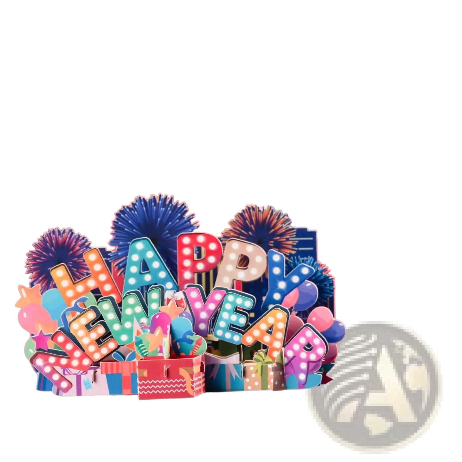 Vibrant three-dimensional 3d pop up happy new year card with colorful lettering and festive decorations