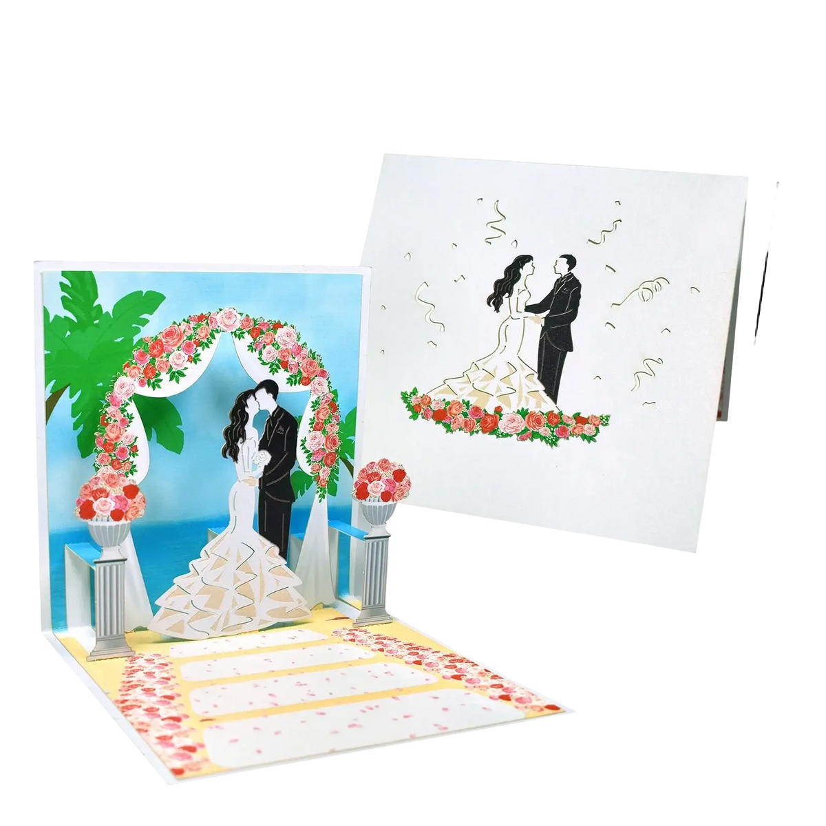 A 15cm wide 3d pop up valentine card featuring a bride and groom under a floral arch with palm trees in layered paper art