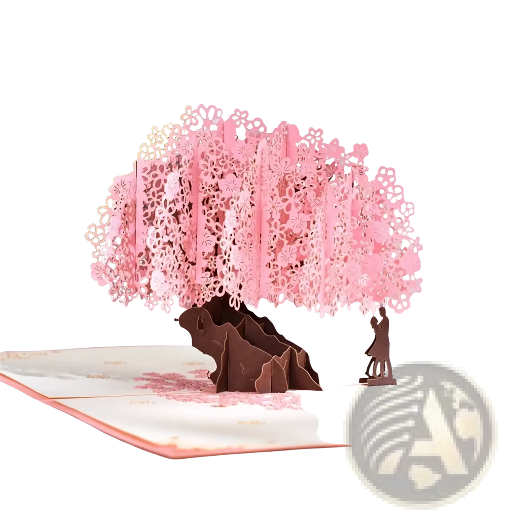 3d pop up valentine card featuring a delicate pink cherry blossom tree with lace-like petals and a couple figure beneath