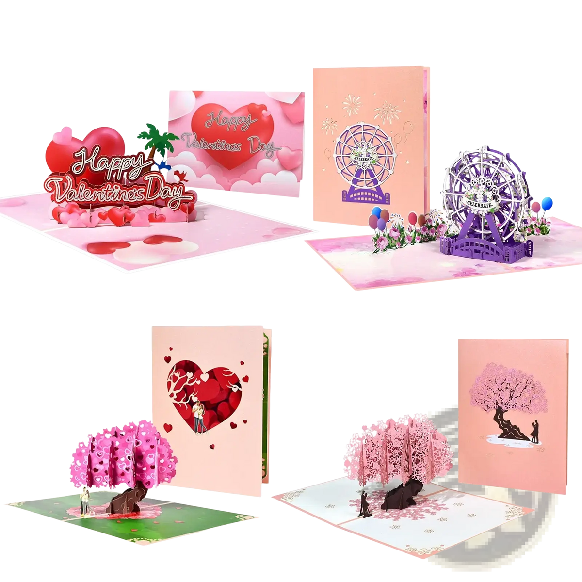A set of intricately designed 3d pop up valentine cards featuring romantic themes in soft pink red purple and peach tones