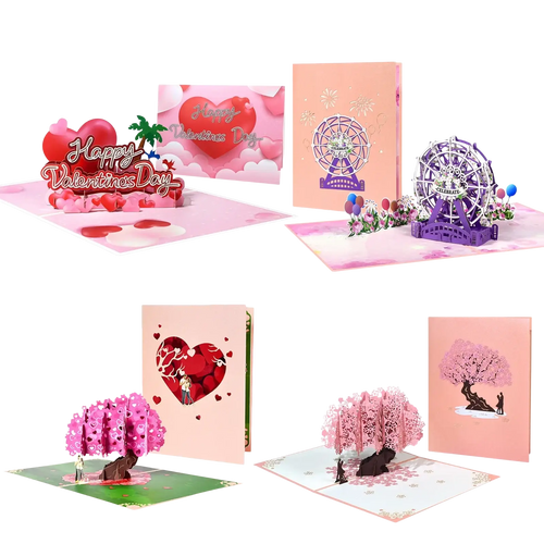 A set of intricately designed 3d pop up valentine cards featuring romantic themes in soft pink red purple and peach tones