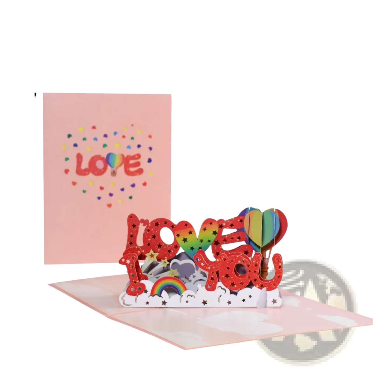A vibrant red 3d pop up valentine card with glittery love you letters and rainbow hot air balloon design on pink background