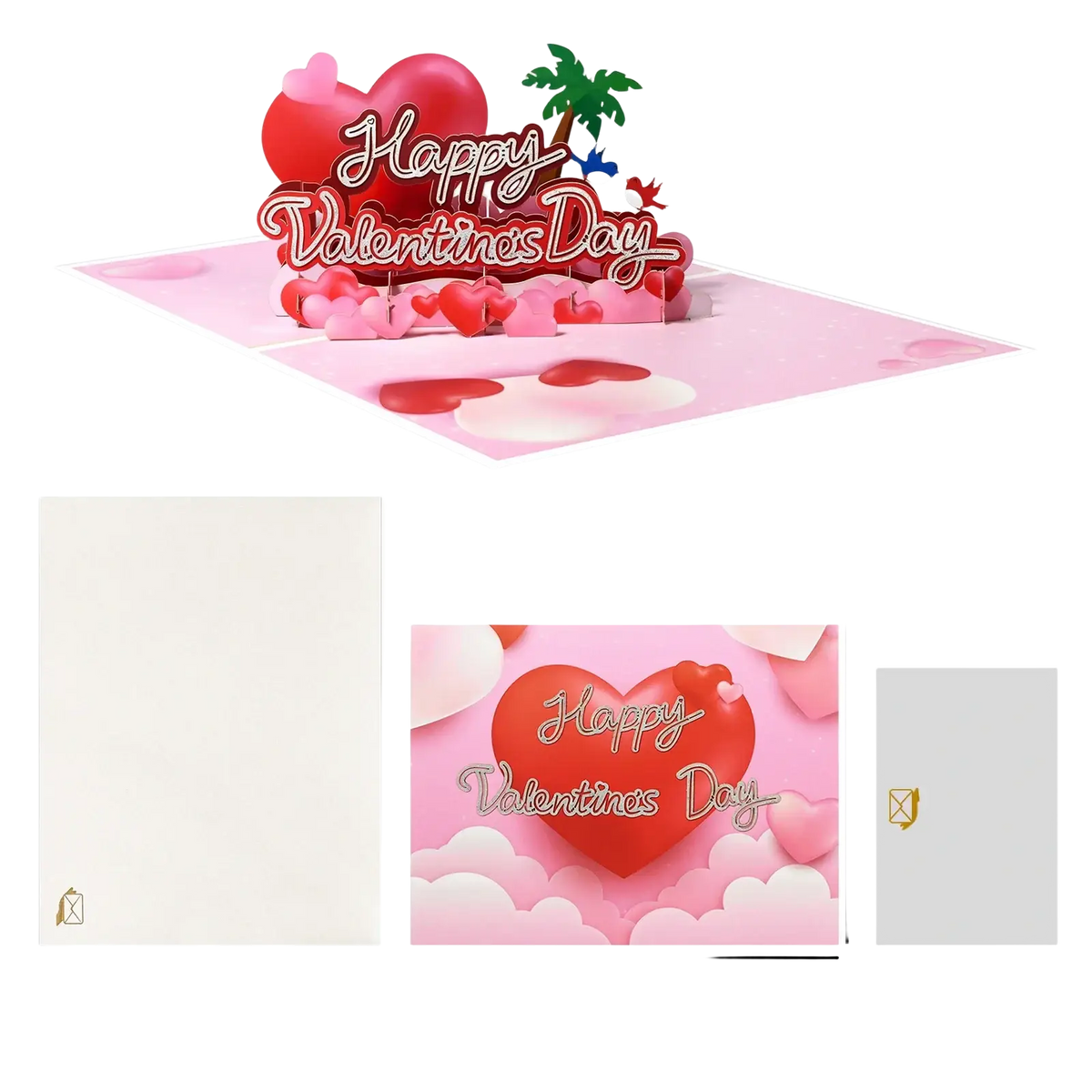A pink 3d pop up valentine card with red and pink hearts palm tree and happy valentines day script for romantic couples