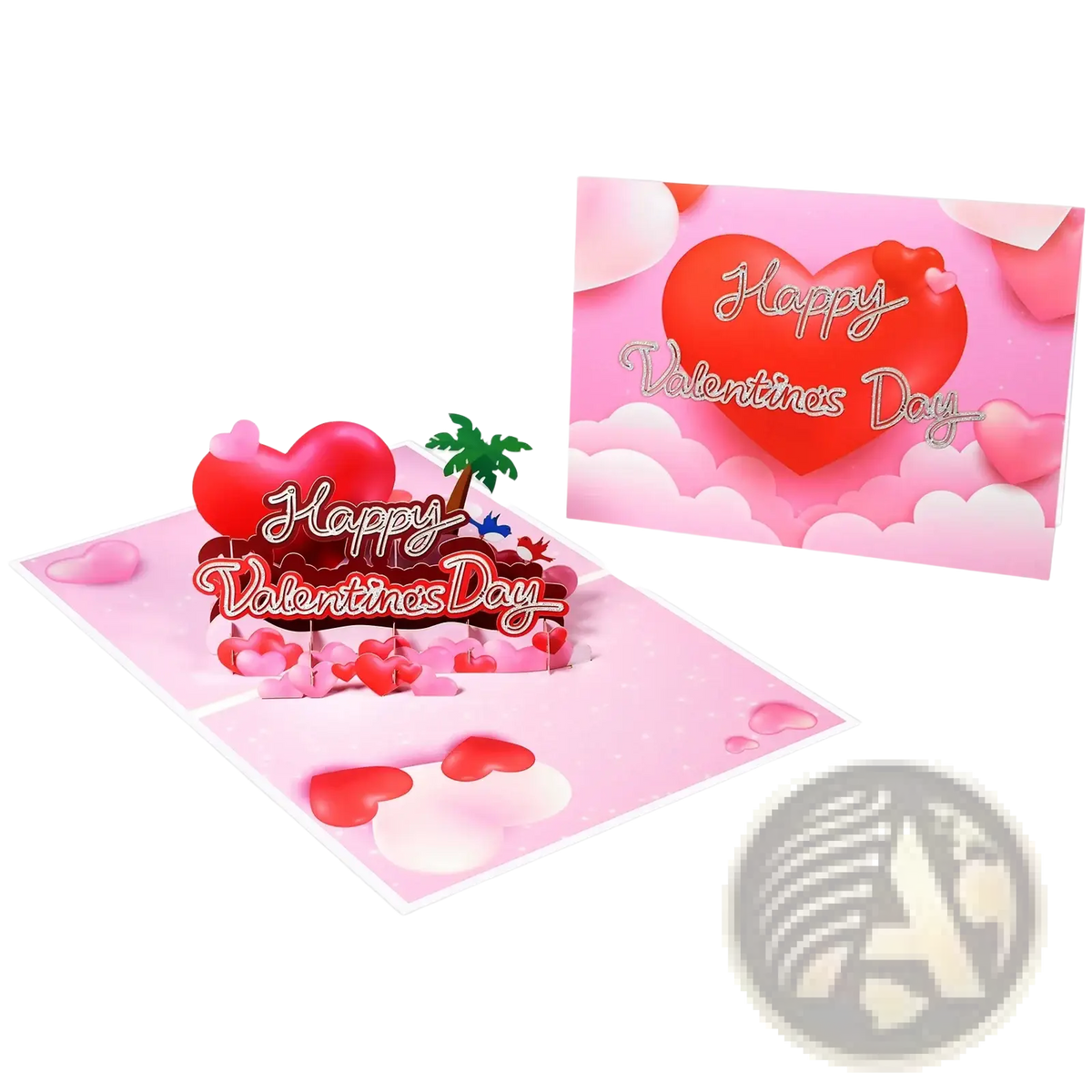 A pink and red 3d pop up valentine card with hearts palm tree and elegant happy valentine’s day script for couples