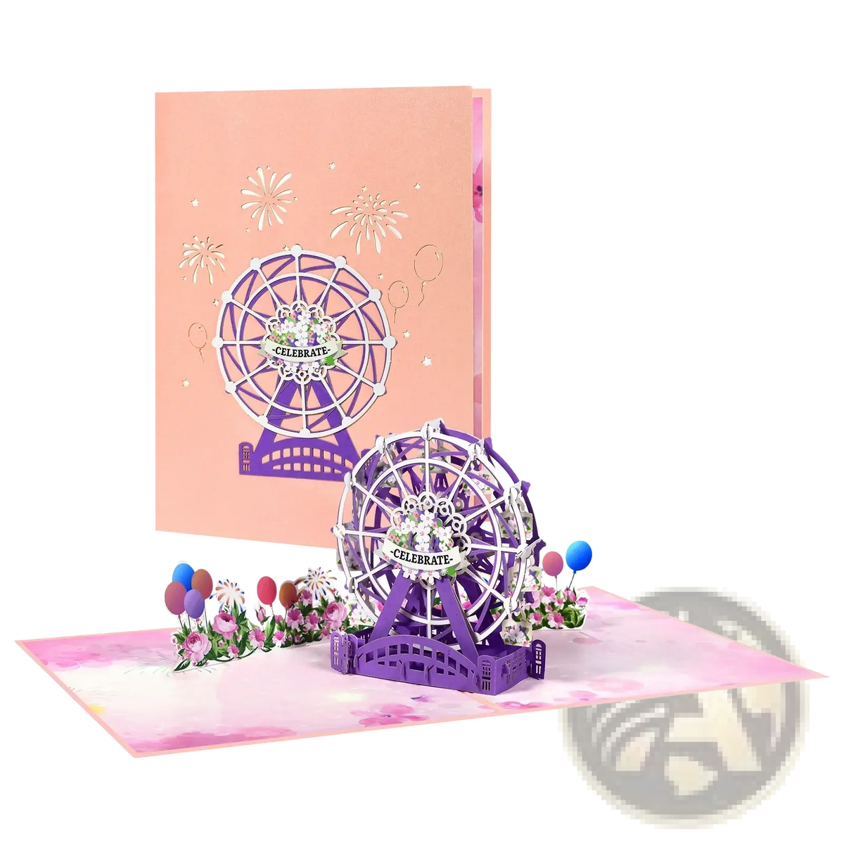 Purple and white 3d pop up valentine card featuring a detailed ferris wheel design with celebrate banner and balloons
