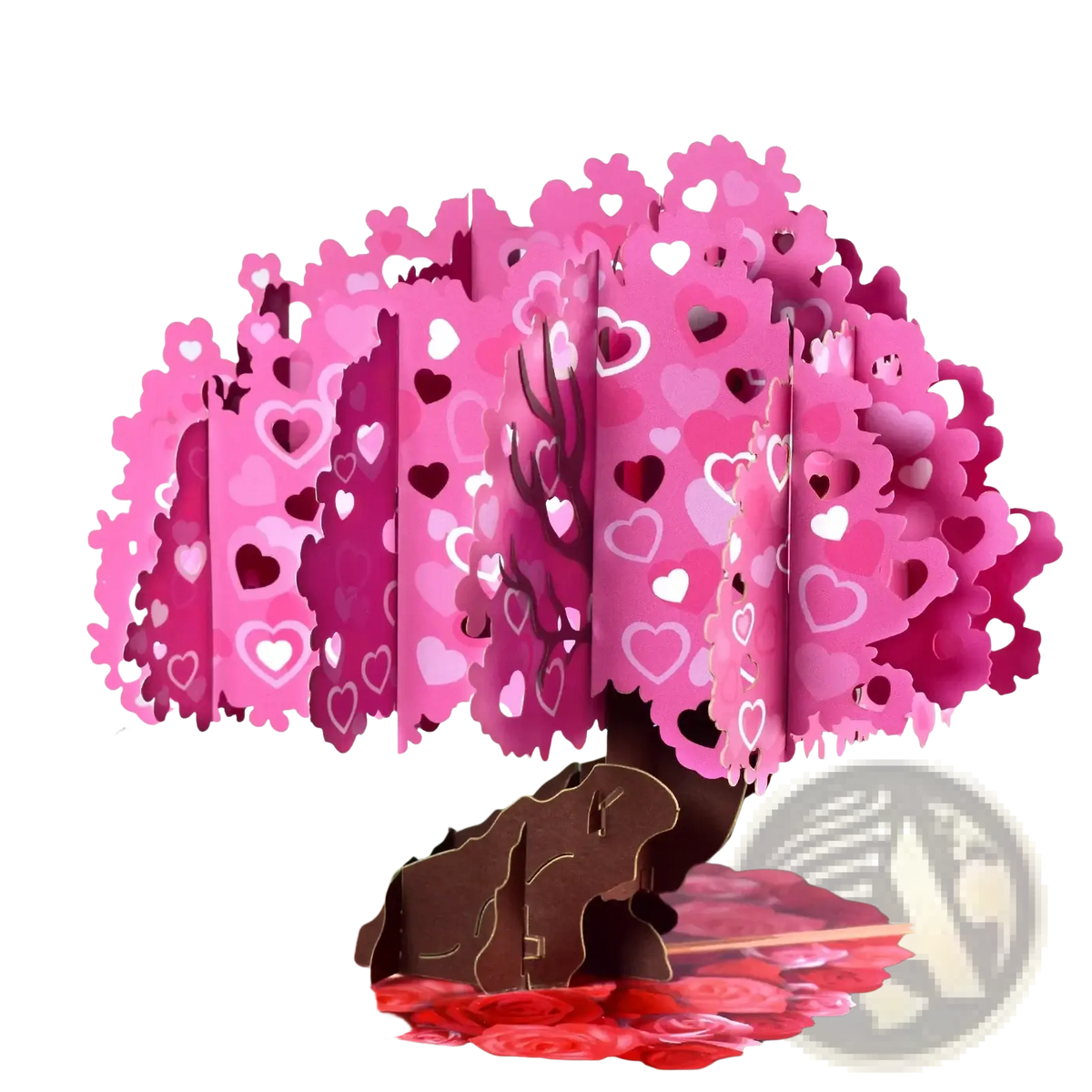 A vibrant pink 3d pop up valentine card featuring a heart-shaped tree with blossoms and a romantic couple scene