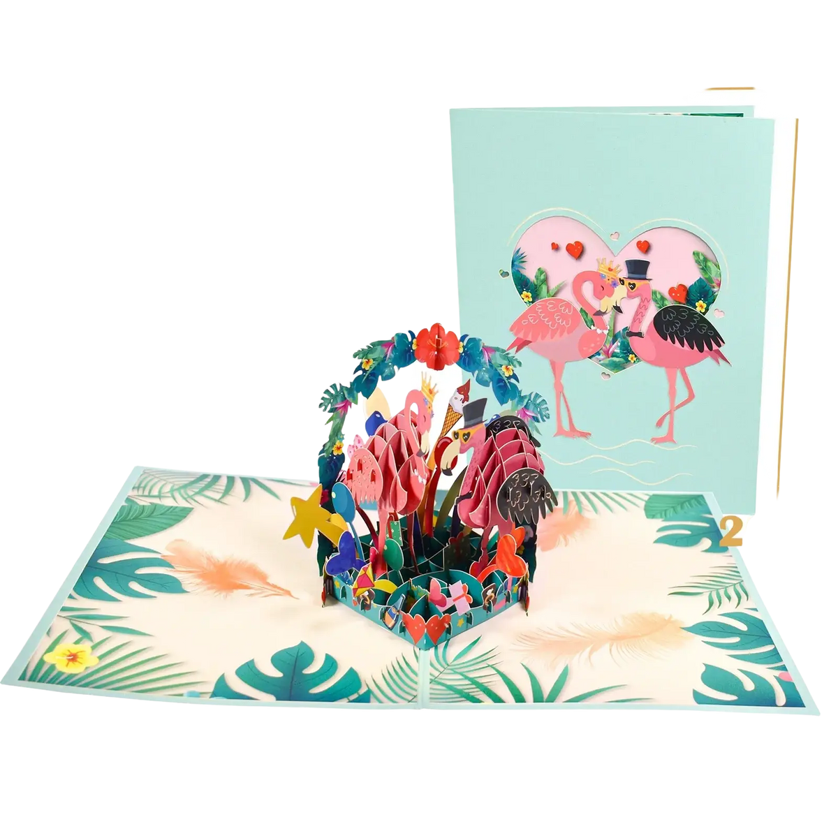 A vibrant pink flamingo 3d pop up valentine card with intricate paper cutouts and tropical green and blue foliage accents