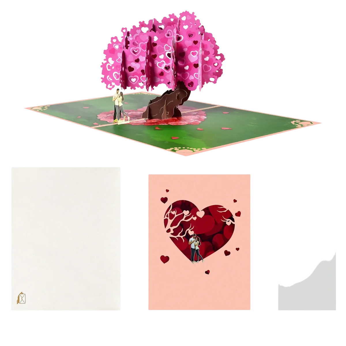 A vibrant pink 3d pop up valentine card featuring a detailed tree with heart cutouts and miniature figures on a green base