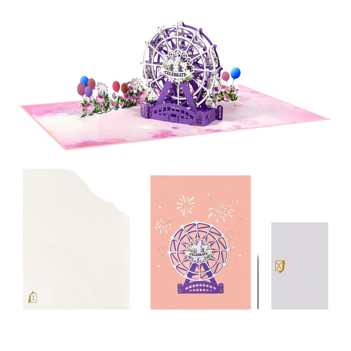 A vibrant purple and white 3d pop up valentine card with a detailed ferris wheel and colorful balloons design
