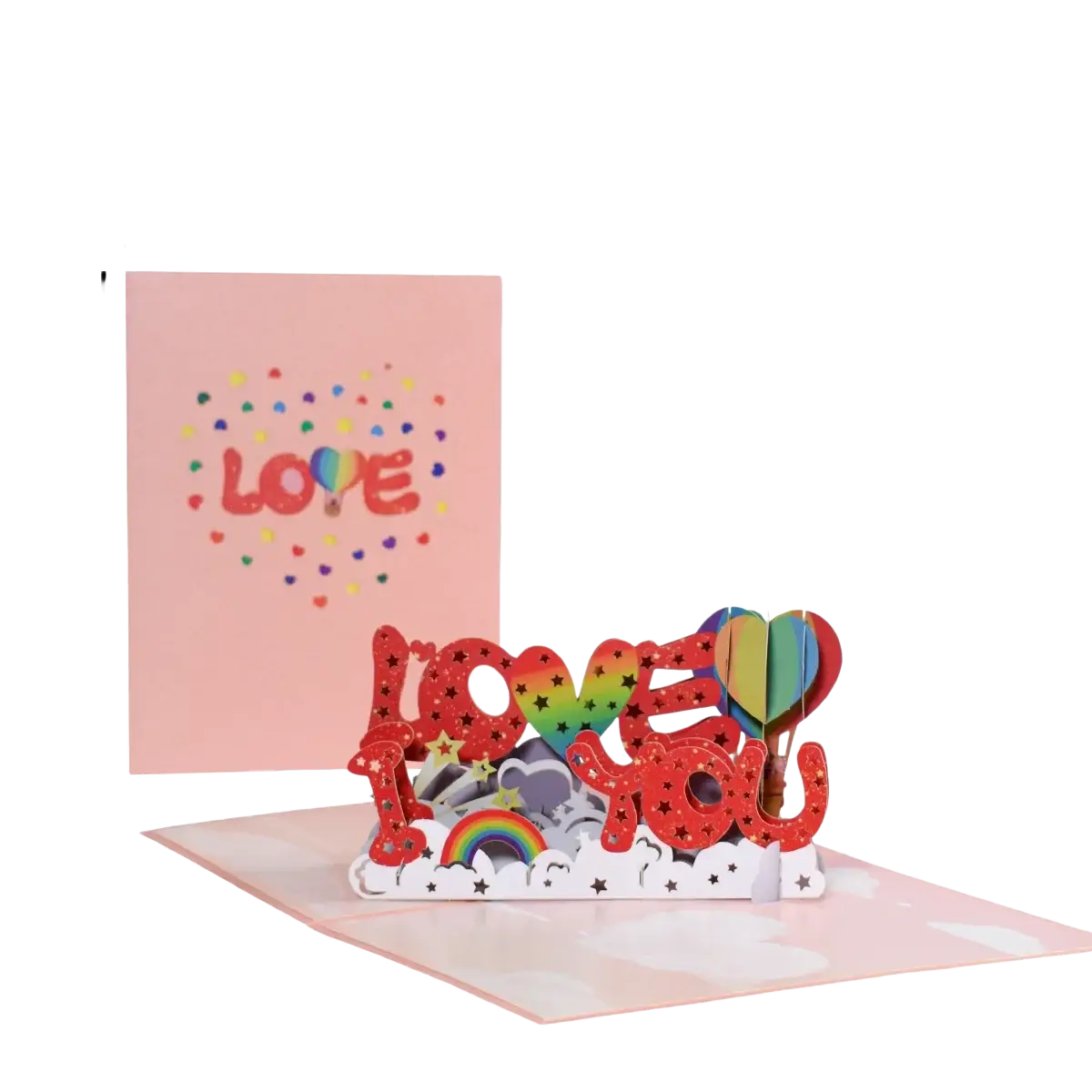 A vibrant red 3d pop up valentine card with glittery love you letters and rainbow hot air balloon design on pink background